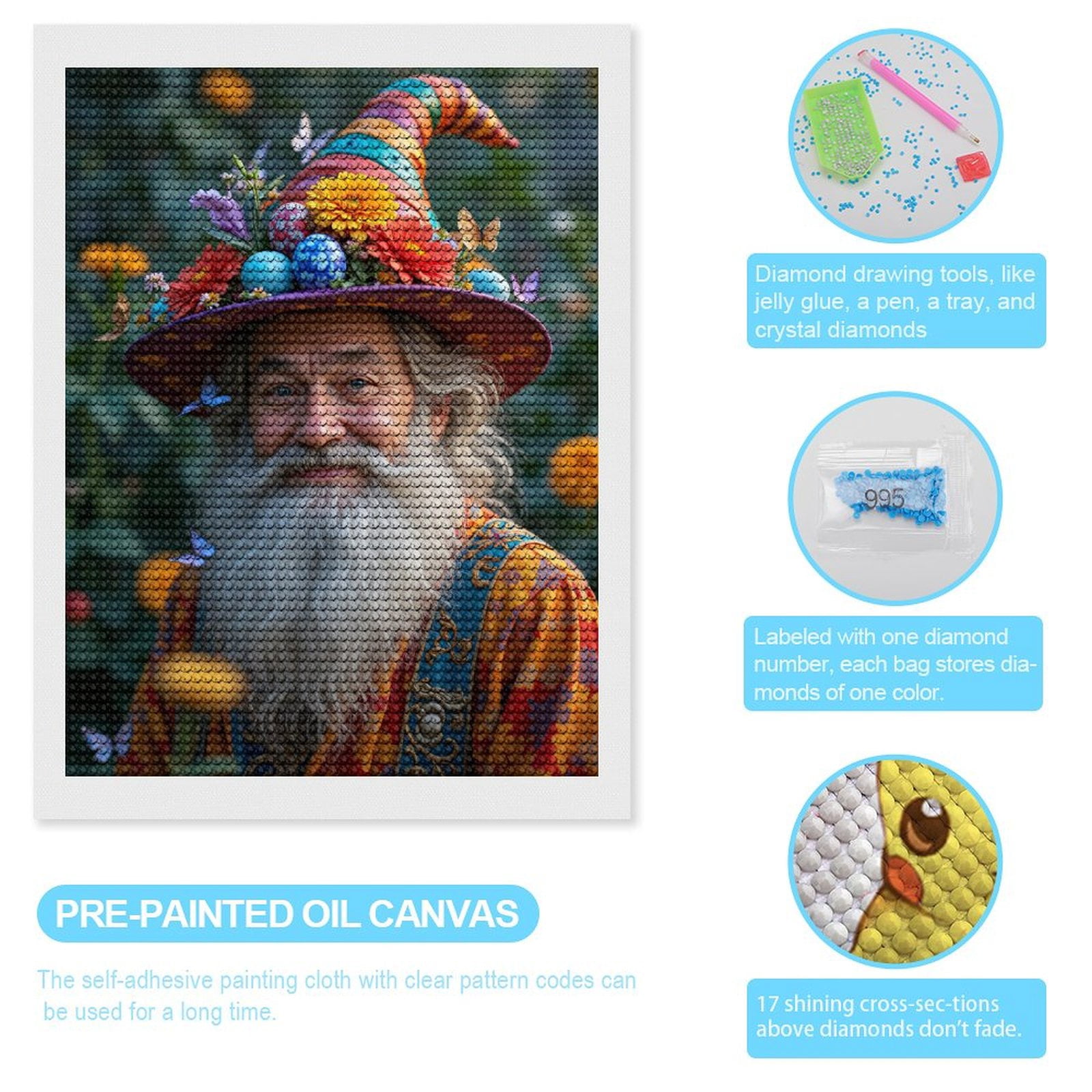 Diamond Art Kits for Adults, Whimsical Wizard Floral Hat Portrait 5D Diamond Painting Kits for Adults Beginners, DIY Full Drill Diamond Painting, Gem Art and Crafts 12x16