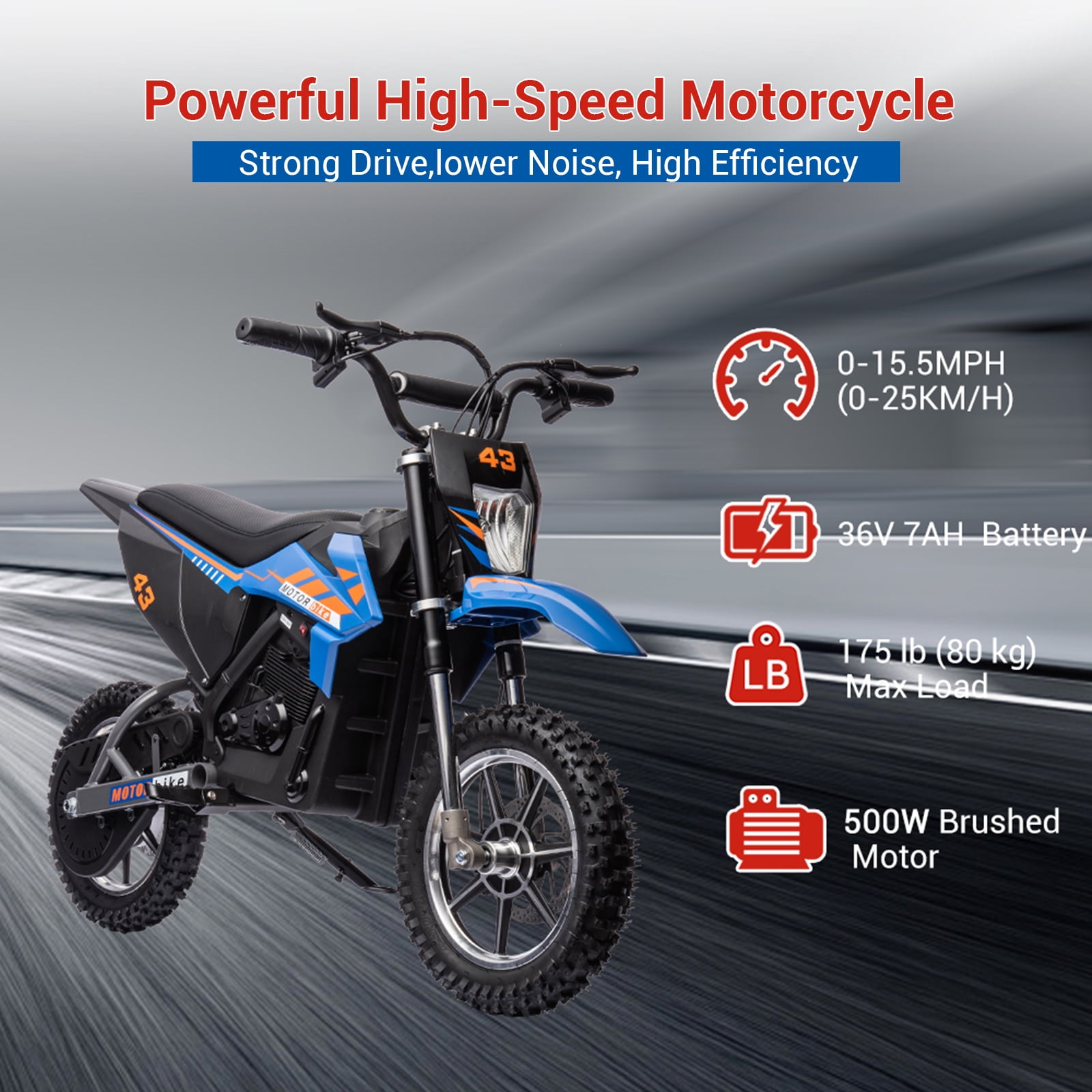 Towallmark 36V Electric Dirt Bike for Teens, 350W Brushless or 500W Brushed Motor, Up to 15.5MPH & 175LB Capacity, Off-Road Motorcycle with Front/Rear Brakes, Blue