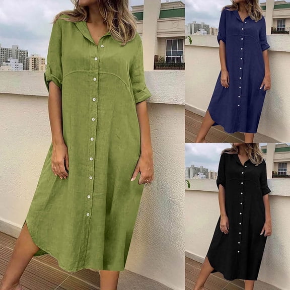 Antinious Summer Dresses for Women,Casual Dresses for Women V-Neck Button Short Sleeve V-Neck Beach Dress,Army Green,XL