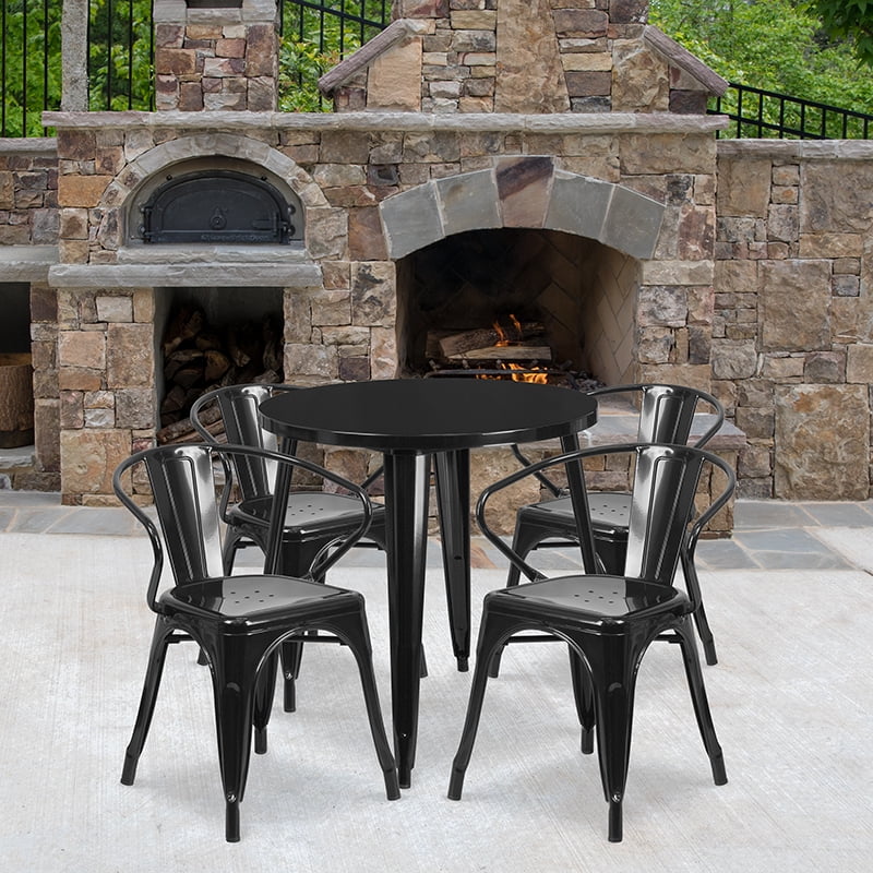 Commercial 30" Round Black Metal IndoorOutdoor Table Set with 4 Arm