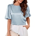 thumbnail image 4 of Women'S Satin Silk Blouses Puff Short Sleeve Dressy Casual Tops Loose Fit Crew Neck Cropped Shirts Light Blue M, 4 of 10