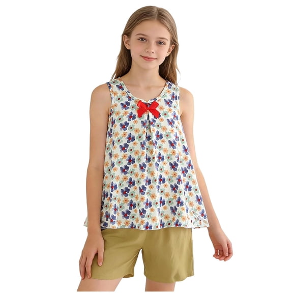 ShomPort Summer 2 Piece Outfits for Girl Comfy Knitting Cotton Tank Shirts and Shorts Set 4-16 Years