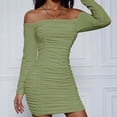 thumbnail image 3 of Off the Shoulder Bodycon Dresses Womens Long Sleeve Ruched Elegant Cocktail Party Mini Dress Business Evening Gown Green, XL, 3 of 6