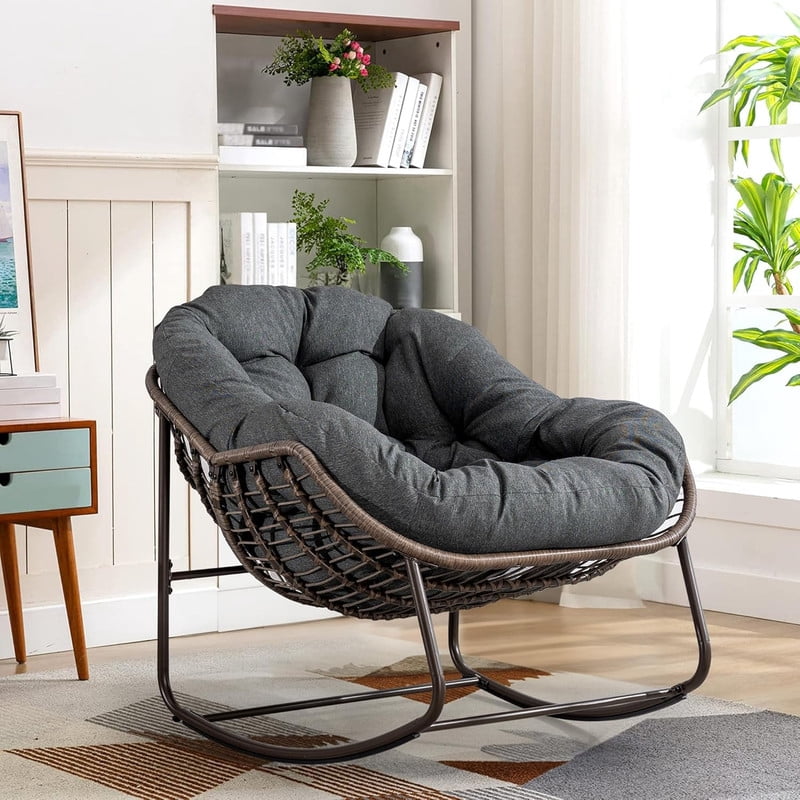 Outdoor Rattan Rocking Chair, Rocking Papasan Chair with Thick Cushion, Comfy Wicker Egg Chairs Lounge Recliner Chair, Padded Cushion Rocker