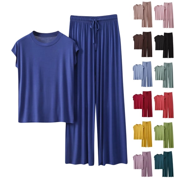 Bovxnpu Womens Pajamas Sets 2 Piece Short Sleeve Lounge Set Cotton Loose V-Neck Short Sleeve Pants Lightweight Sleepwear