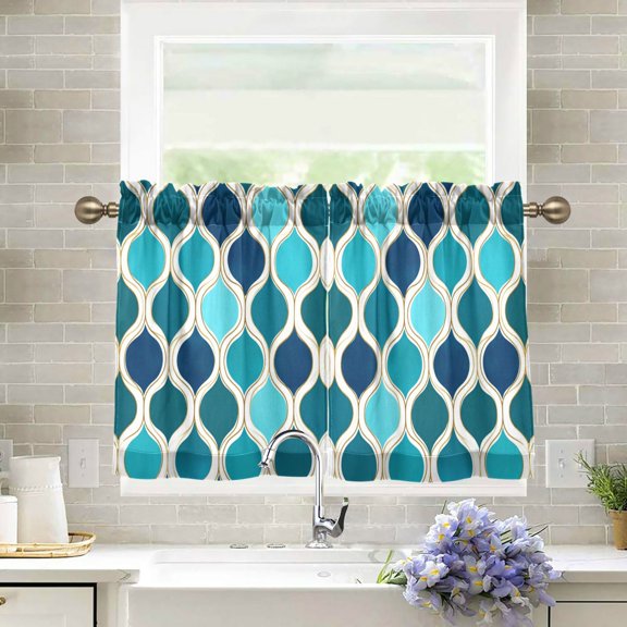 Yayeee Kitchen Curtains Light Filtering 27"x24" Rod Pocket Short Cafe Window Panel, Blue Geometric Pattern