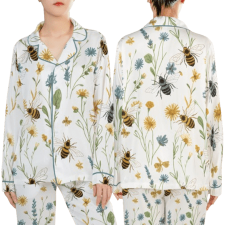 Lotusprinthandmade Bee All-over Print Satin Pajamas Set (No Pocket) (3XL)