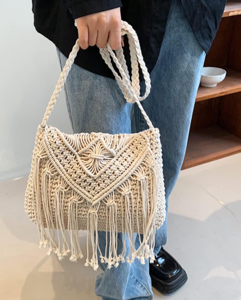 CAILDANL Crossbody Purse for Women Cute Macrame Hobo Satchel Bags Knit Summer Beach Bag Tassels Shoulder Crochet Tote Handbag