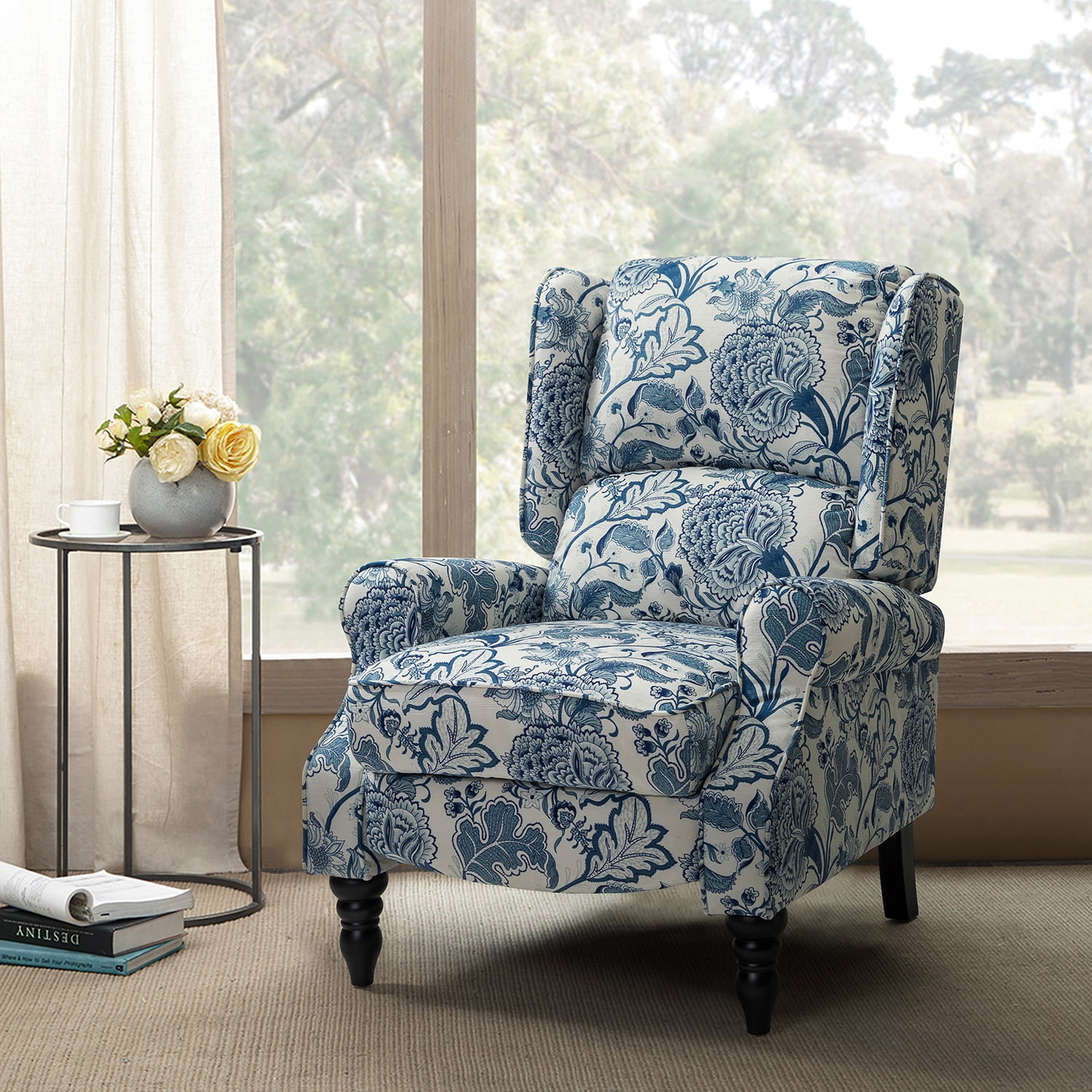 Tina's Home Vintage Floral Wingback Manual Push Back Recliner Chair for Living Room Home Theater GREENGUARD Certified Blue