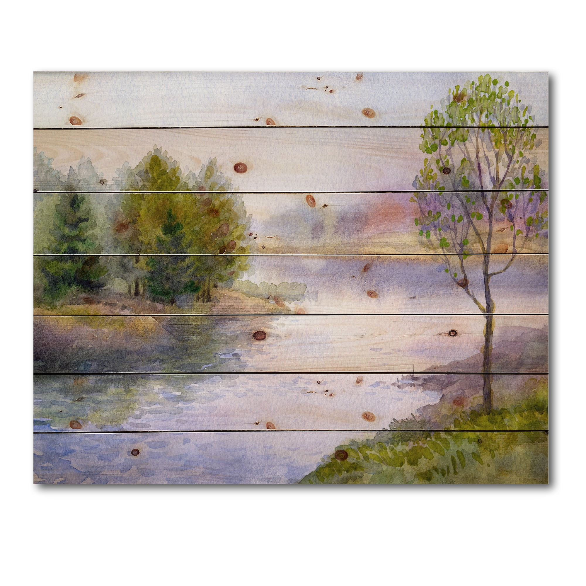 Designart 'Trees On The Bank Of River' Lake House Print on Natural Pine Wood