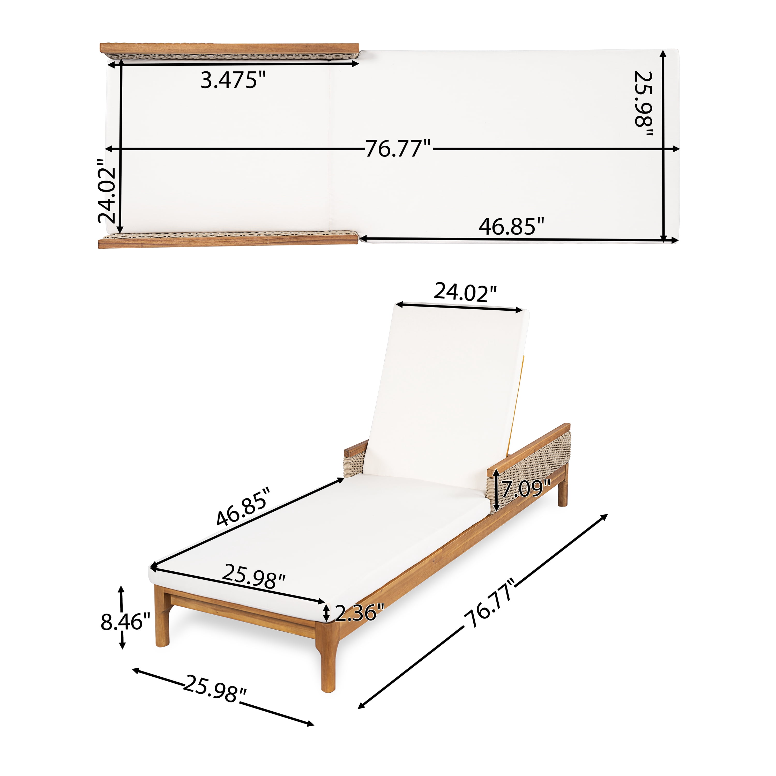 Euroco 76.7" Outdoor Chaise Lounge Chair, Acacia Wood Patio Chaise Lounge Recliner with 4-Position Adjustable Backrest,Thick Cushions & Wicker for Poolside Backyard Deck Porch,Beige