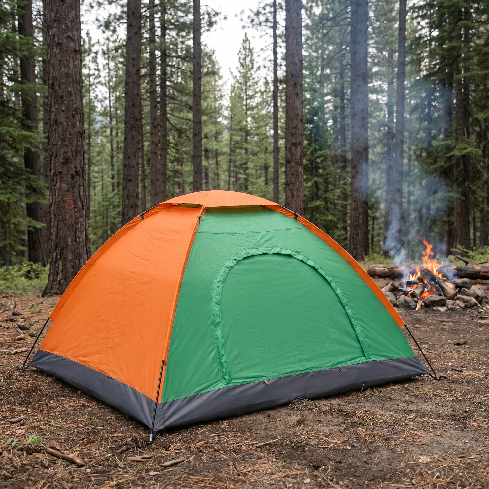 2-Person Waterproof Camping Dome Tent, Outdoor Hiking Survival Tent, Orange & Green