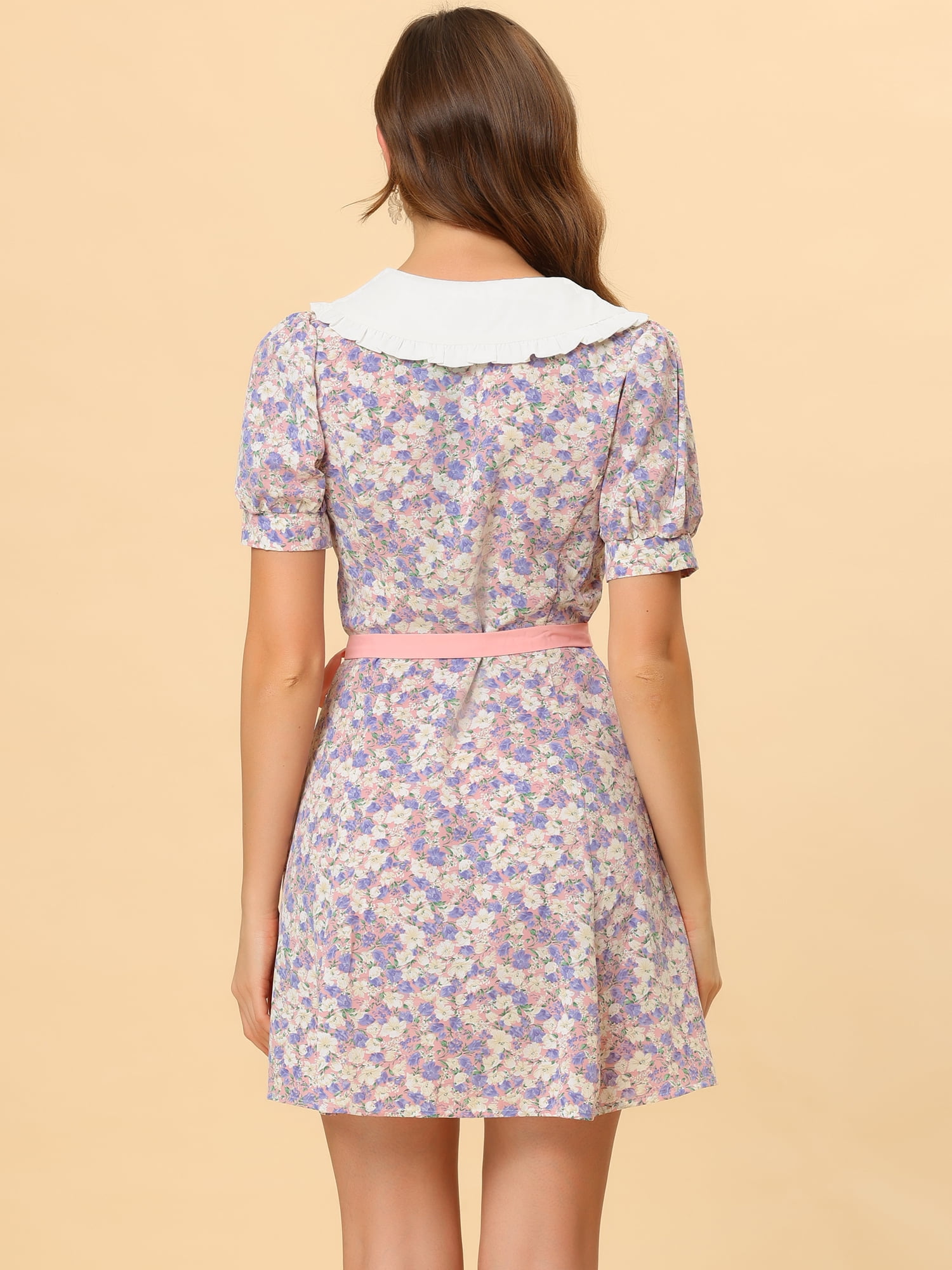 DARING DIVA Doll Collar Floral Bow Tie Short Sleeve A-line Dresses S Pink