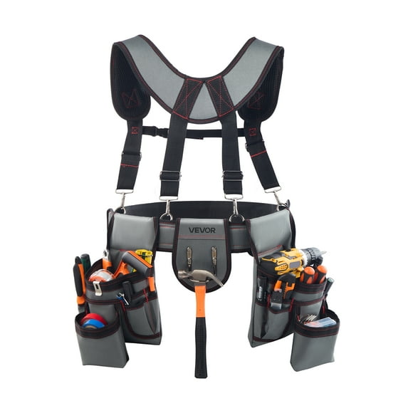 VEVOR Tool Belt, 22 Pockets Tool Pouch with Suspenders for Men, Heavy Duty Adjustable Utility Belt Bag Suspenders for Electrician, Carpenter, Construction, Work Apron Organizer Waist Adjust 32 to 68in
