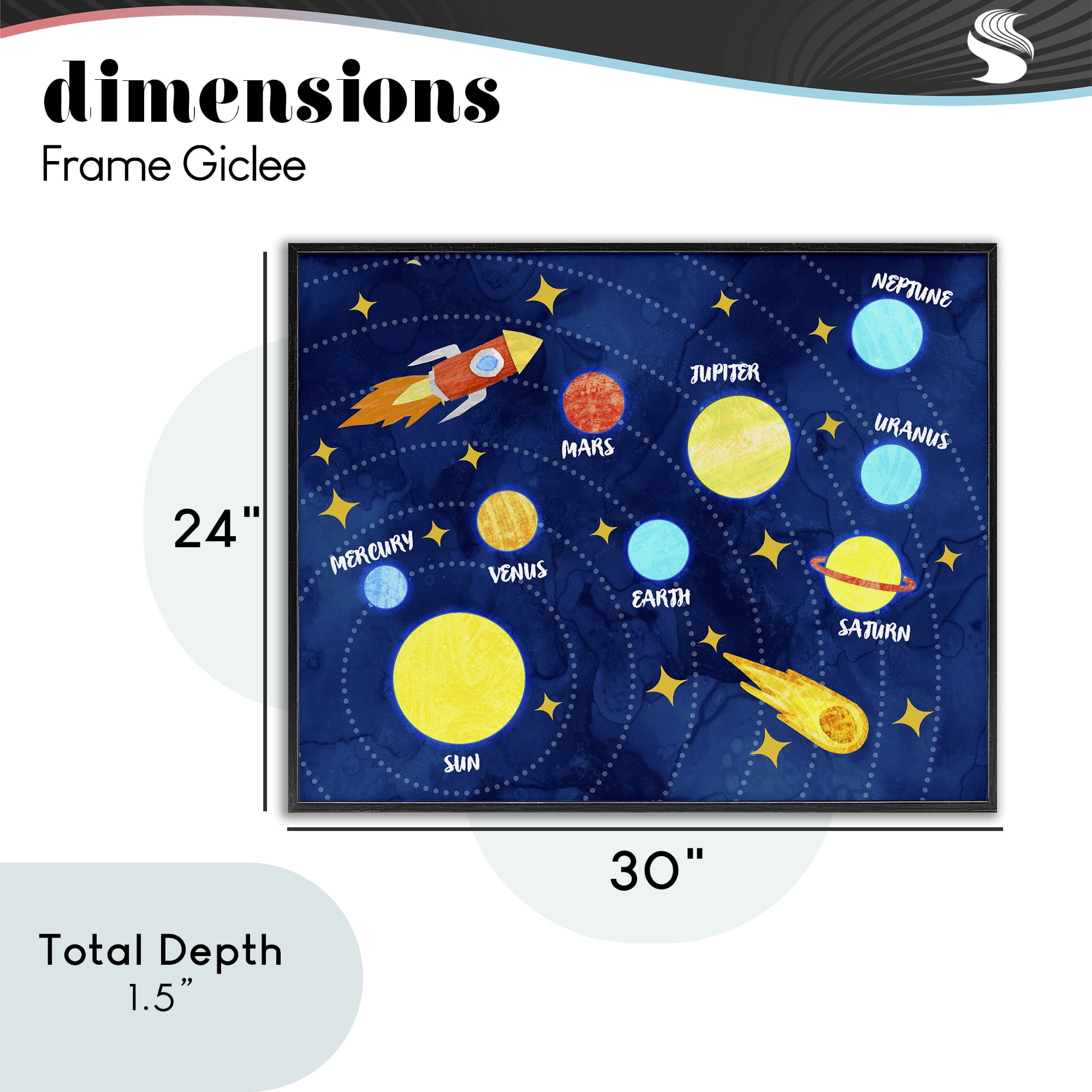 Rocket Across Solar System Black Framed Giclee Art, design by Daphne Polselli