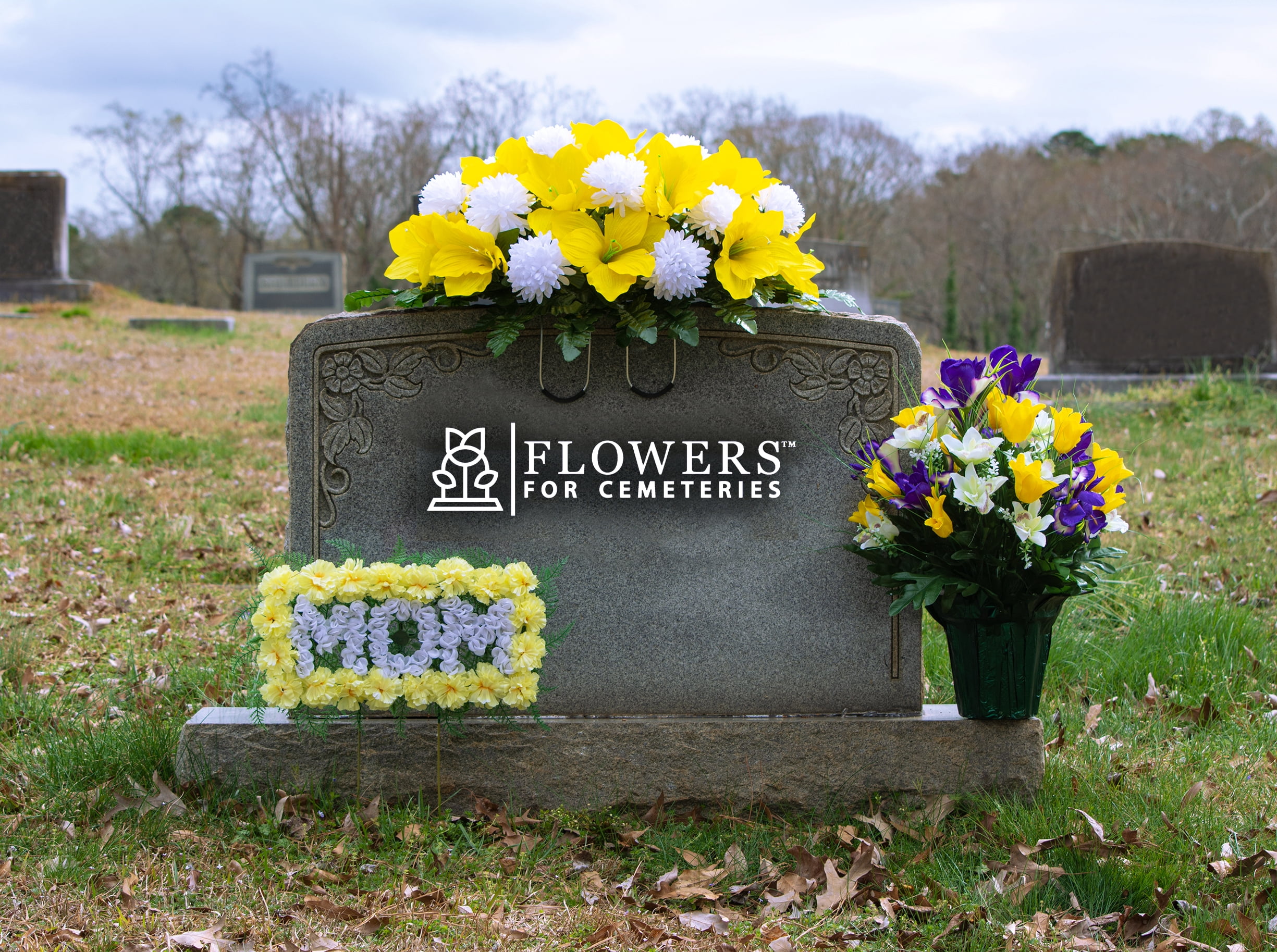 Sympathy Silks Outside Weighted Pot Silk bouquet- Artificial Yellow Tulip & Purple Iris