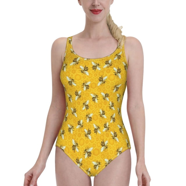 Hybees Hycomb Bee Apiary Pattern One Piece Swimsuit Black Mesh Swimwear Sexy Classic Backless Bodysuit Hybees