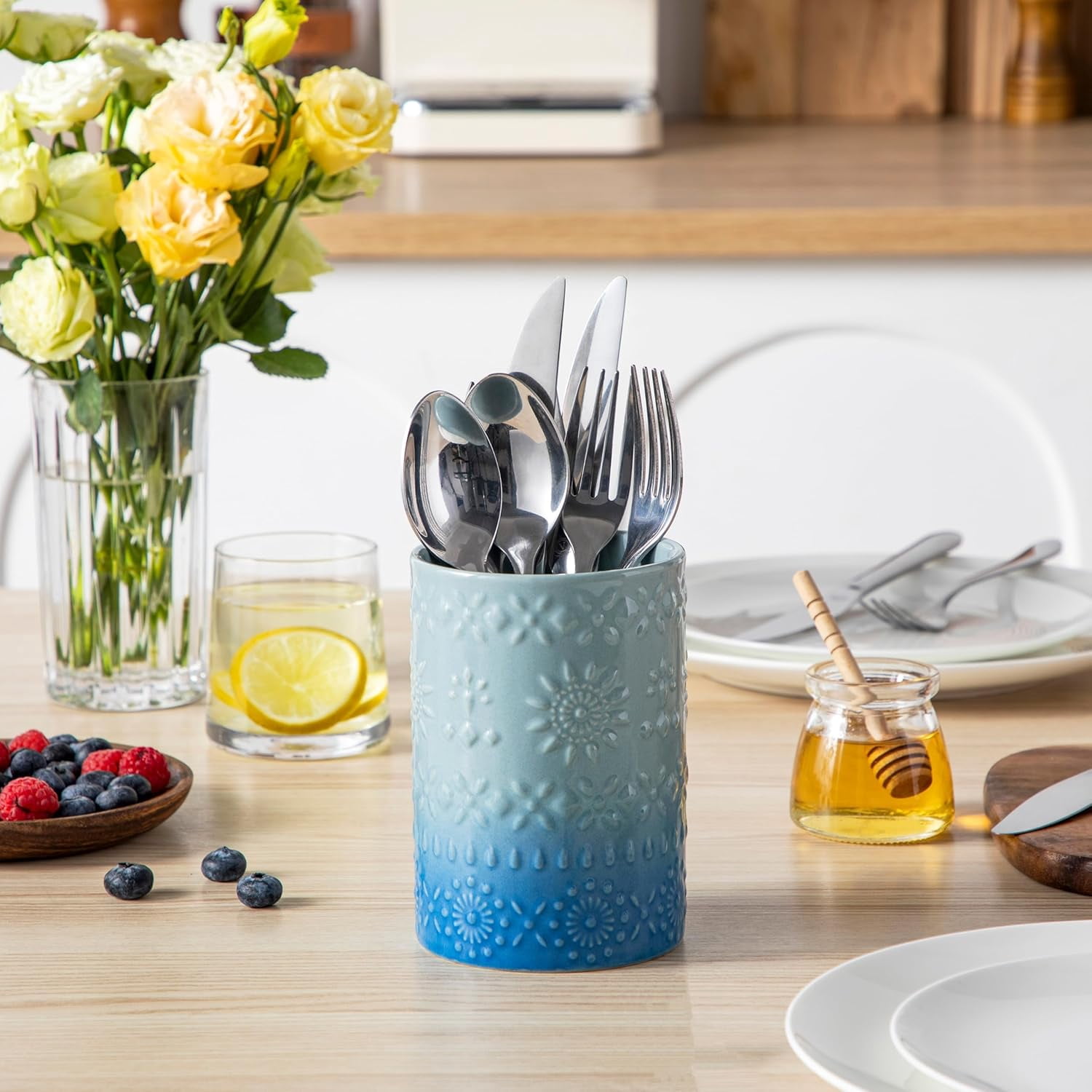 KitchenKey Utensil Holder, 7.2"+5.4" Ceramic Utensil Holder for Countertop, Large Cooking Utensil Crocks for Kitchen Counter, Farmhouse Utensil Vase for Housewarming, Kitchen Decor, Set of 2, Oceans