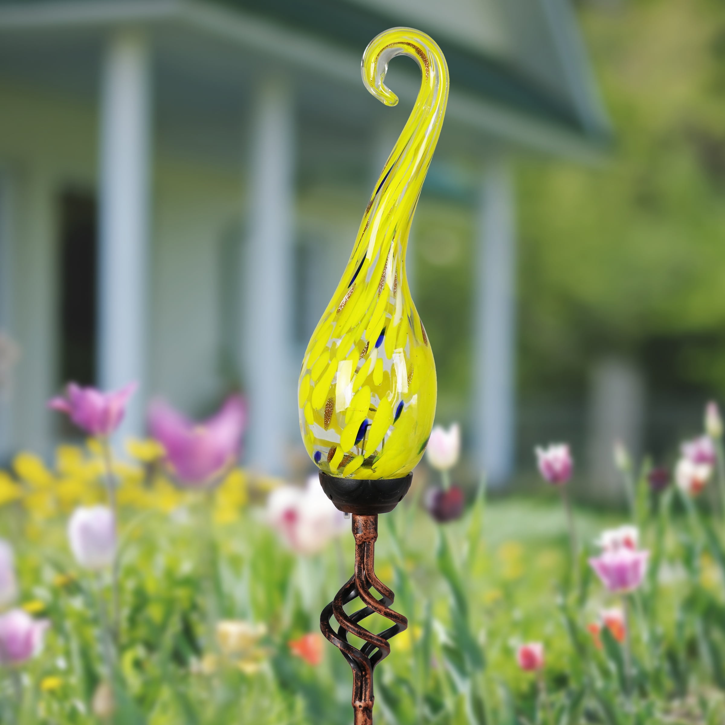 Exhart Solar Hand Blown Yellow Glass Spiral Flame Garden Stake with