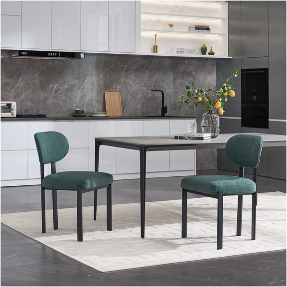 JERFIT Mid-Century Modern Dining Chairs Set of 2, Upholstered Fabric Kitchen Chairs with Curved Back & Metal Legs for Dining Room, Antique Green