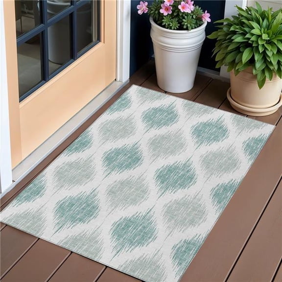 HomeRoots 589068 3 x 5 ft. Ikat Washable Indoor & Outdoor Rectangle Area Rug, Aqua, Teal Blue & Ivory