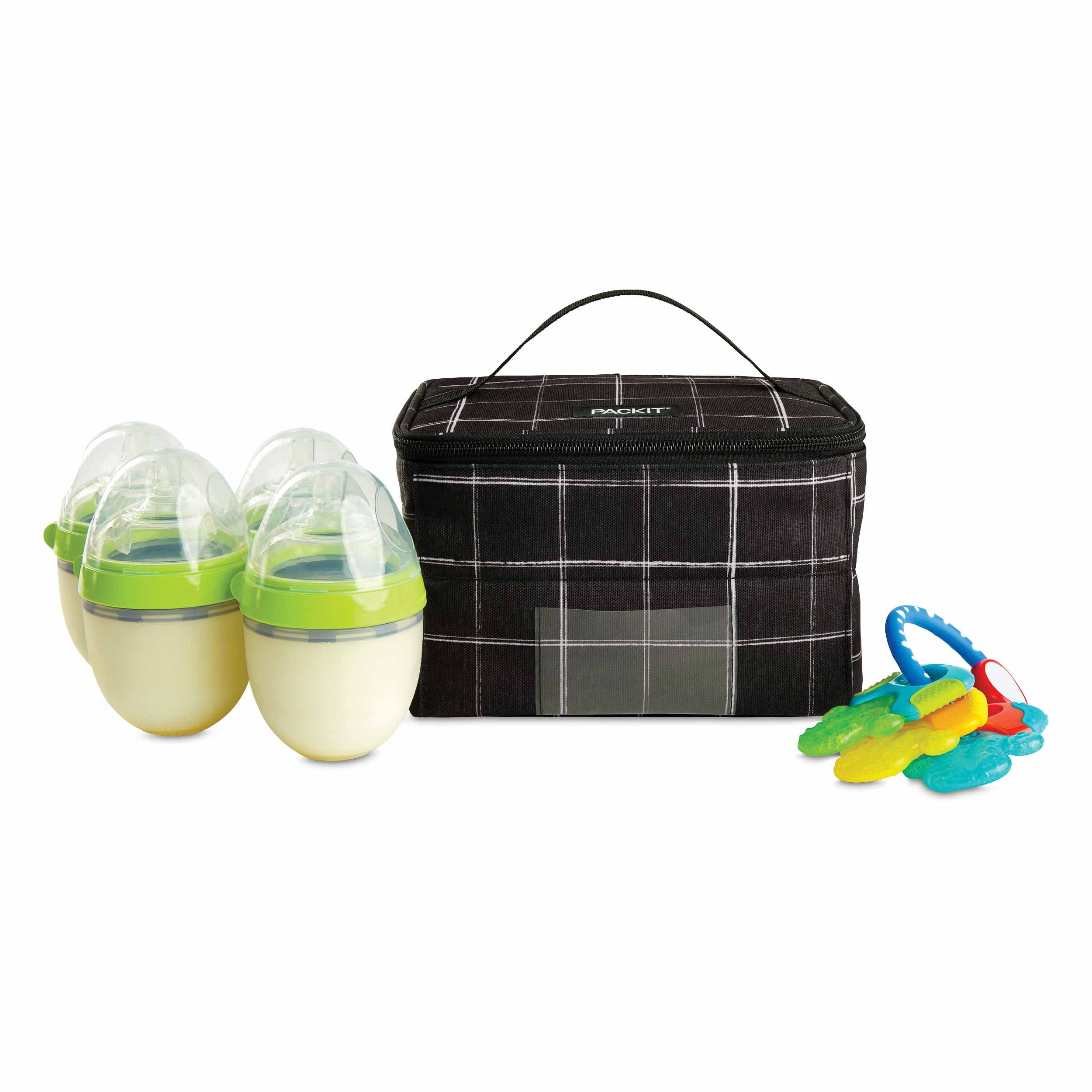 PackIt Freezable Baby Bottle and Breastmilk Storage Bag Cooler, Black Grid
