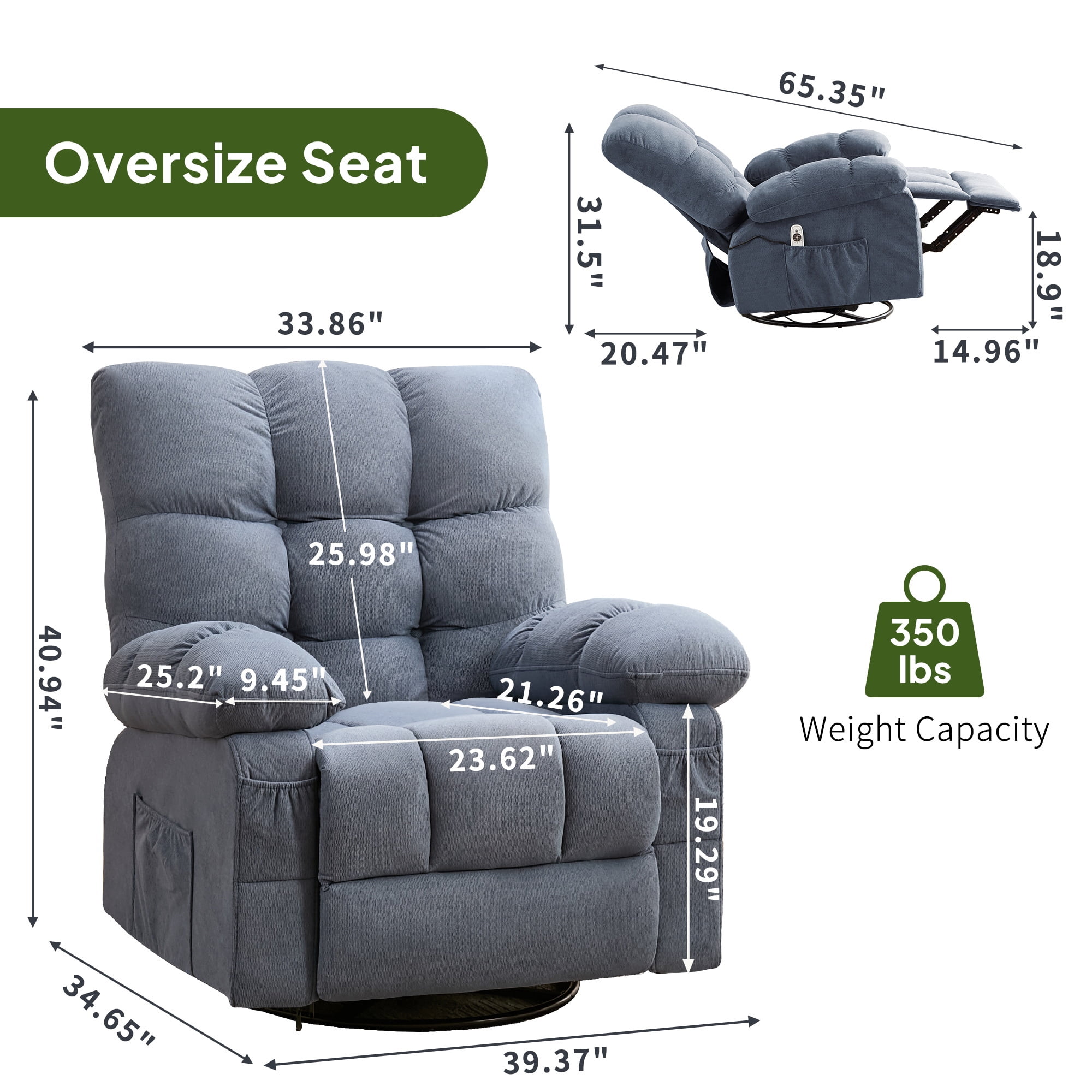 Alvantor Oversized Swivel Rocker Recliner Chair with Massage & Heat Function for Adults, Elderly Single Rocker Sofa with Cup Holders for Bedroom Home Theater Blue