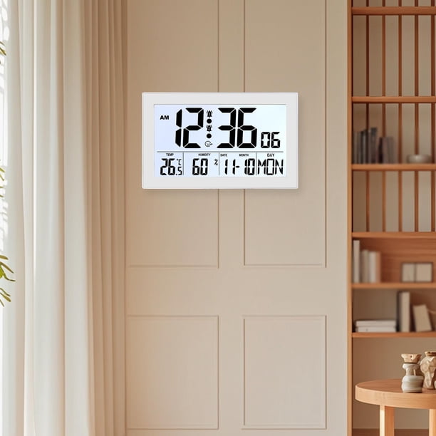 Reloj Despertador Digital con Pantalla Grande Reloj de Pared Y Mesa Multifuncional Función de Temperatura Y Humedad Fecha Y Luz Nocturna Práctica Fabr H181H blanco