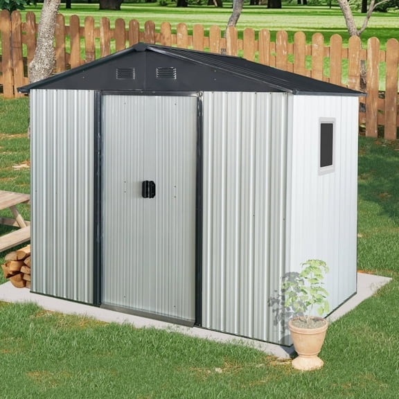 Newboti 8ft x 4ft Outdoor Metal Storage Shed with Window and Metal Foundation for Backyard, Patio, Lawn --White and Black 624496198722309