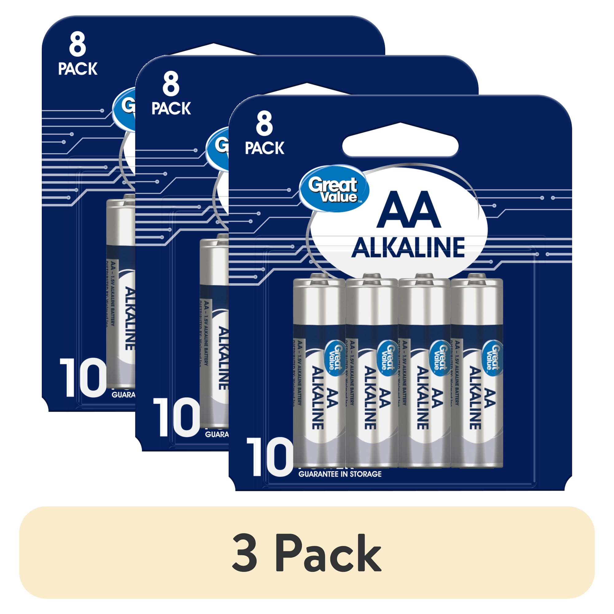 (3 pack) Great Value Alkaline AA Batteries, 8 Count