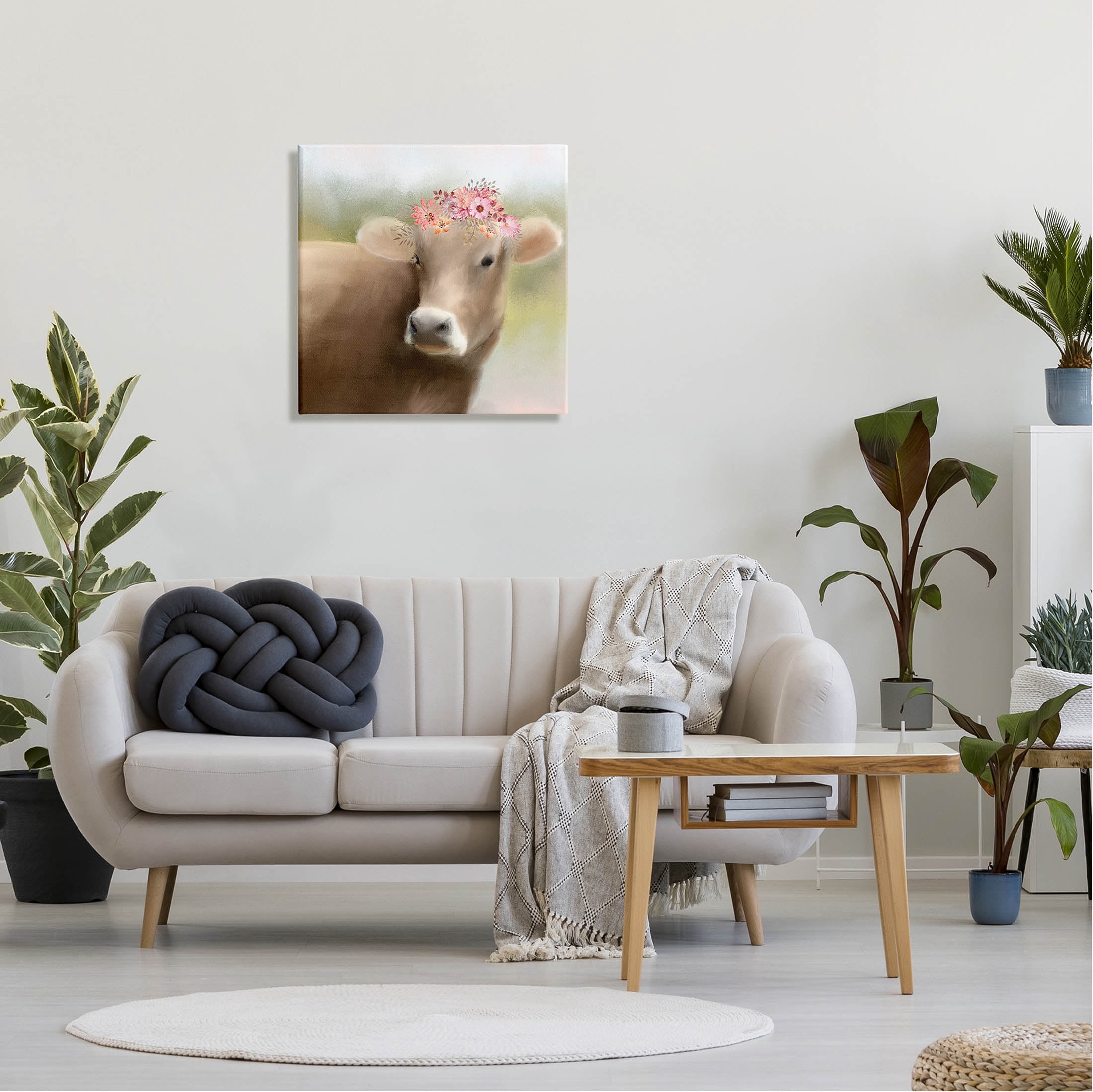 Farm Cow Pink Blooms Arrangement Animals & Insects Graphic Art Gallery Wrapped Canvas Print Wall Art