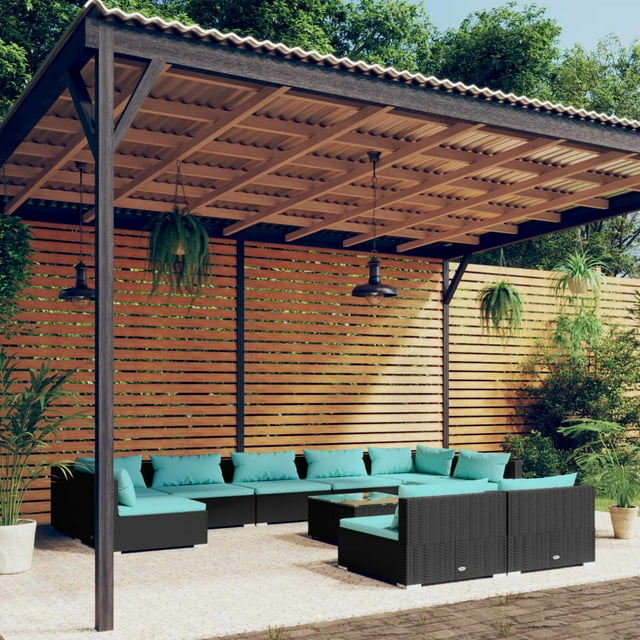 vidaXL 10 Piece Garden Lounge Set with Cushions Black Poly Rattan