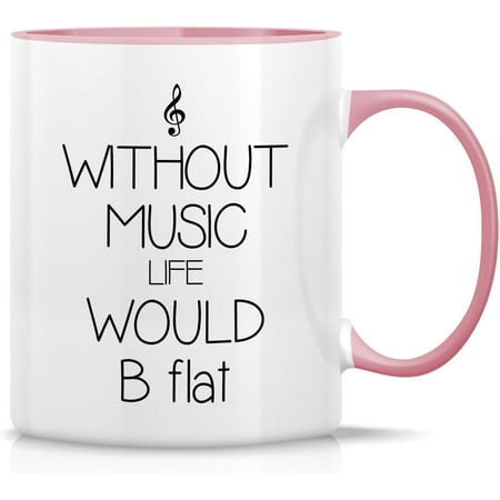 

Funny Mug - Without Music Life Would B Flat Musician 11 Oz Ceramic Coffee Mugs - Funny Sarcasm Sarcastic Motivational Inspirational birthday gifts - White Mug with Pink Handle and Inner