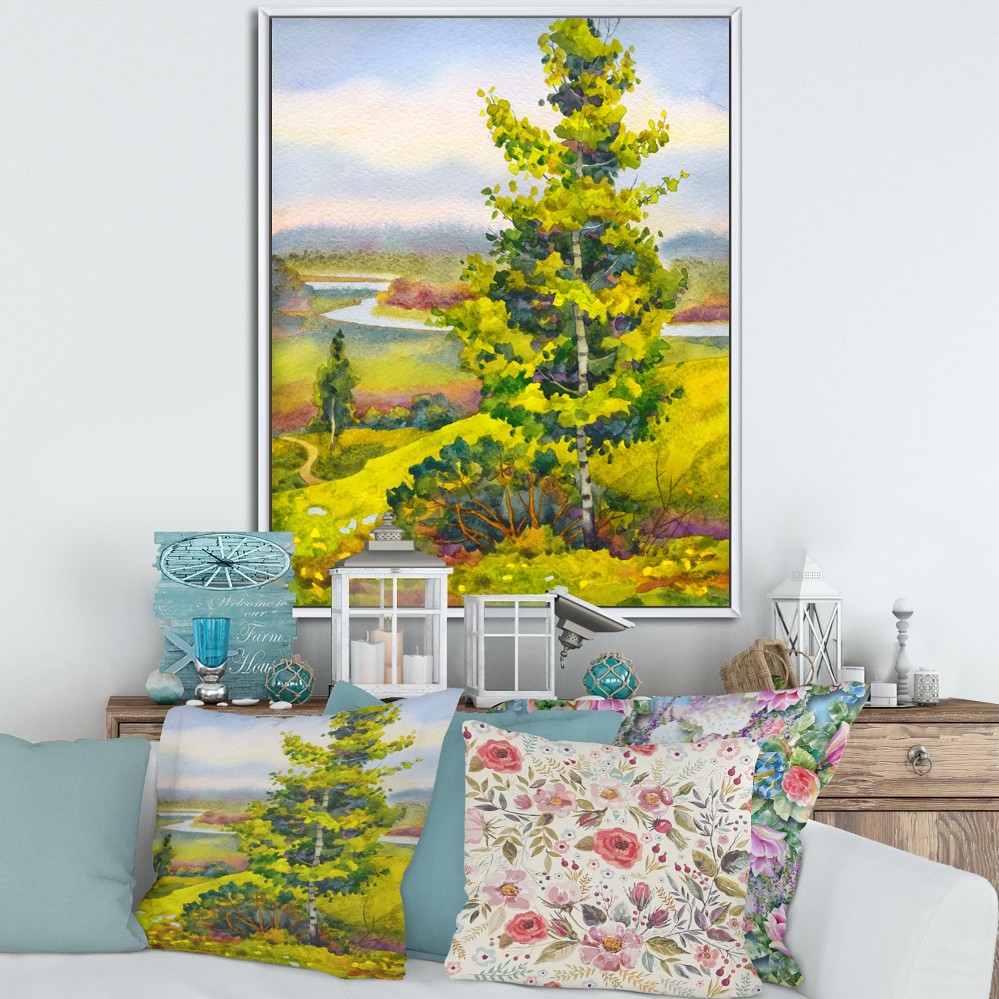 Designart 'Colorful Young Orange Betulas Along Bank Of Calm Bay' Lake House Framed Canvas Wall Art Print