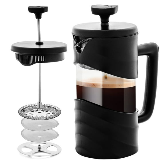 OVENTE Cafetera de prensa francesa de 12 onzas, vidrio de borosilicato resistente al calor con sistema de acero inoxidable de 4 filtros, jarra portátil sin BPA, perfecta para preparación fría y calien