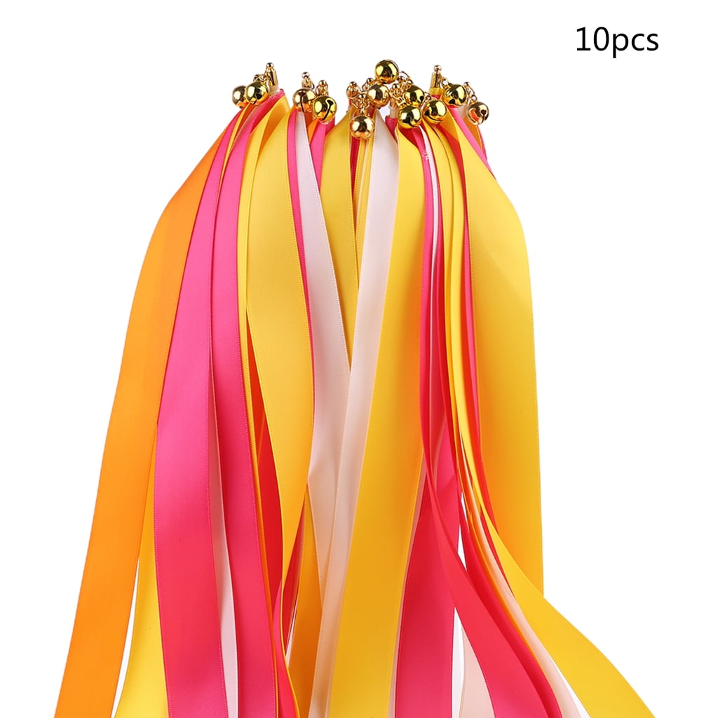 10pcs Star Colourful Twirling Ribbon Wands with Bells on Wooden Sticks