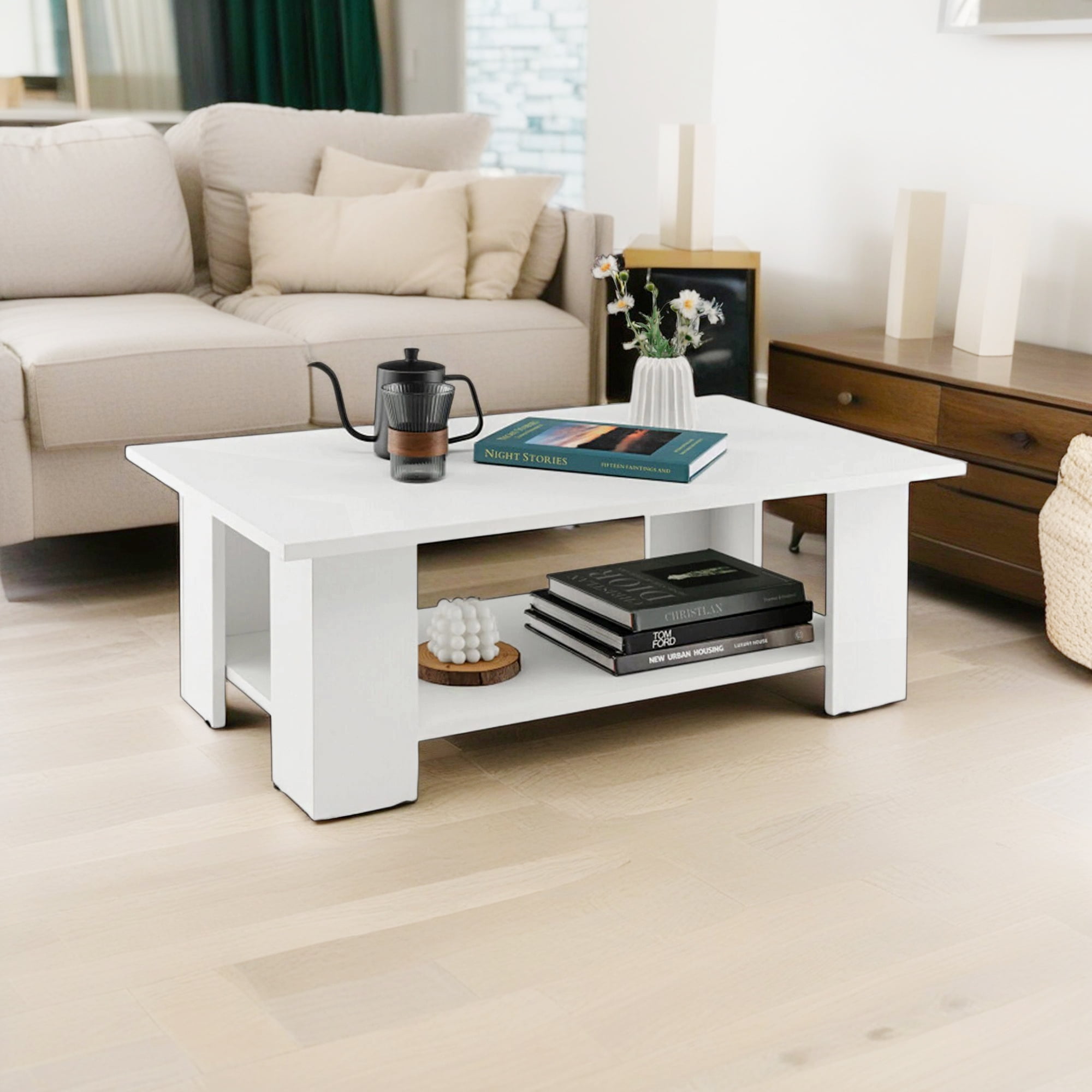 Demi Bonn 3-Piece Coffee Table Set with Storage Shelf, 36" Wooden Modern Coffee Table with Storage Shelf & Set of 2 Modern Compact End Table for Living Room, White
