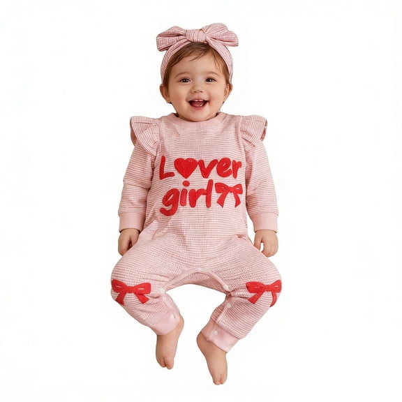 Bainana Adorable Girls Valentine'S Day Romper Letter Print Long Sleeve Crew Neck Jumpsuit With Bow Detail Fashion Baby Festival Bodysuit Light Pink Size 9-12 Months