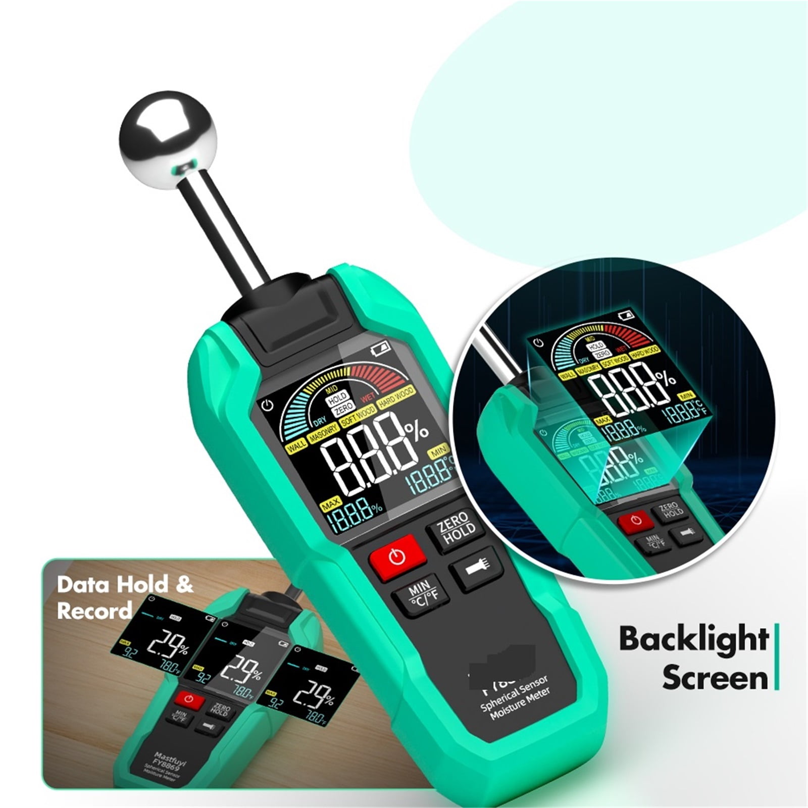 Digital Wood Moisture Meter Non-destructive Spherical Hygrometer Record Humidity Auto Detect Timber Damp Detector