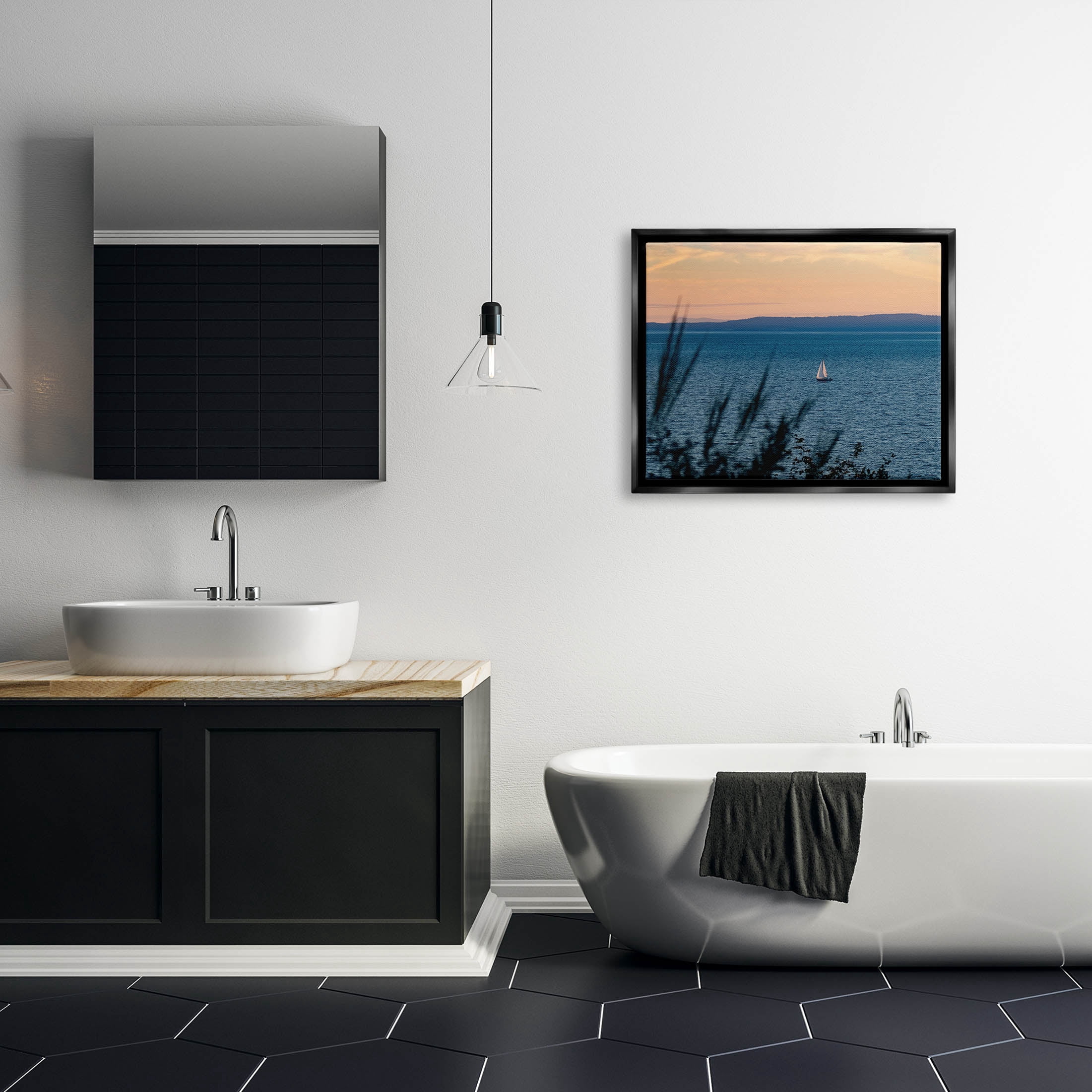 Stupell Industries Sailboat at Sunrise Horizon Photograph Jet Black Floating Framed Canvas Print Wall Art, Design by Lil' Rue