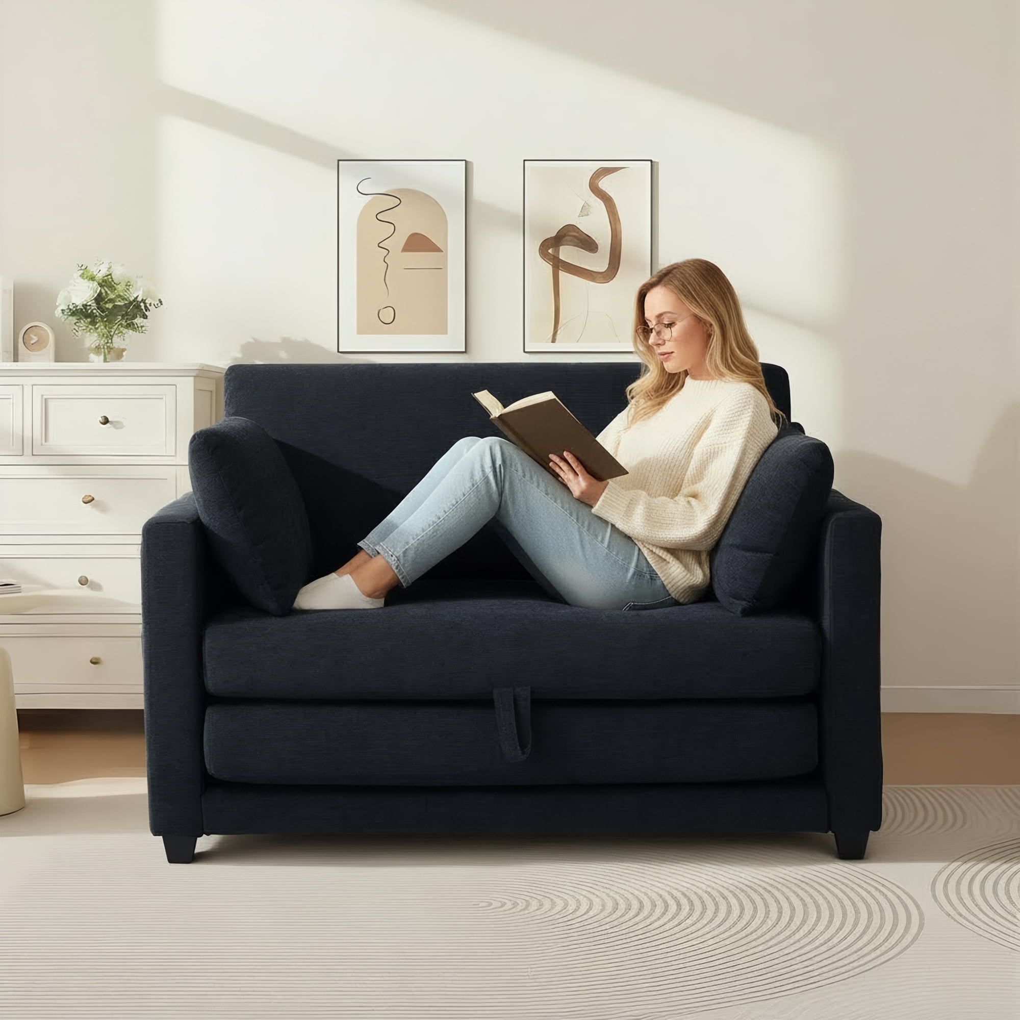 GAOHAPY 52" Loveseat Sleeper Sofa Bed,2 in 1 Convertible Floor Sofa Bed for Small Spaces,Pull Out Couch with Deep Seat,2 Pillows and Solid Frame Floor Couch for Living Room,Apartment