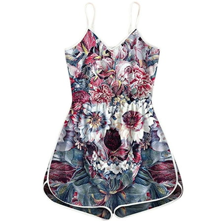 

Womens Summer Loose V Neck Spaghetti Strap Skull Print Short Jumpsuit Rompers