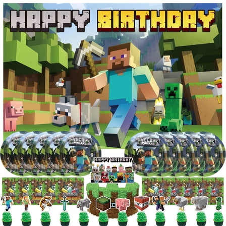 34 Piece For Minecraft Games Themed Celebration Birthday Decor Set – Includes Backdrop, Cake Topper, 12 Cupcake Toppers, 10 Paper Plates, and 10 Napkins for Party Favors and Events
