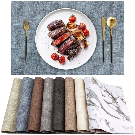 Leather Heat Resistant Placemats Set of 6 Waterproof Wipeable Washable PU Table Mats,Easy to Clean Anti-Slip (6, Blue)