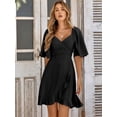 thumbnail image 5 of Women's Smocked Tie Back Ruffle Hem Dress Mini Length Surplice Neckline Flutter Sleeves Solid 100% polyester Casual, 5 of 8