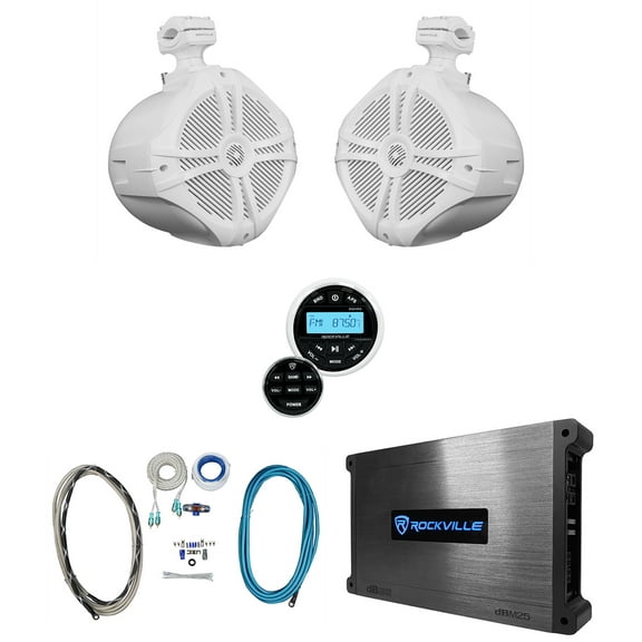 Rockville Bluetooth Receiver 8" White Marine Wakeboard Tower Speakers Amplifier