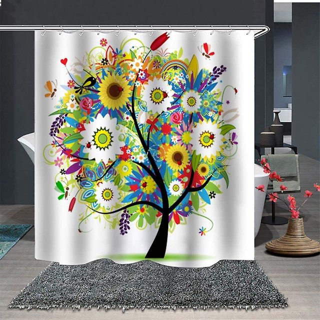 100% Polyester Fabric Shower Curtain Waterproof Mildew Proof Bathroom Curtain with 12 Hook Rings Multicolor Flower Tree Pattern 180x200cm