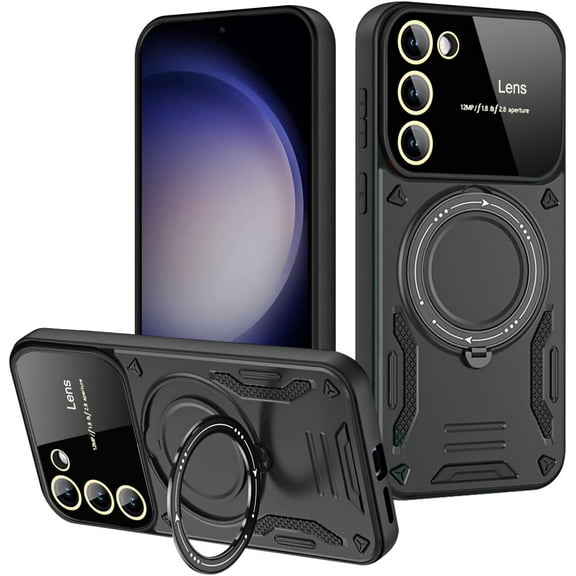 Case for Samsung Galaxy S23 Plus with Magnetic Attraction 360° Ring Stand Cover for Samsung Galaxy S23 Plus with Screen Camera Protector Hard PC TPU Case Black