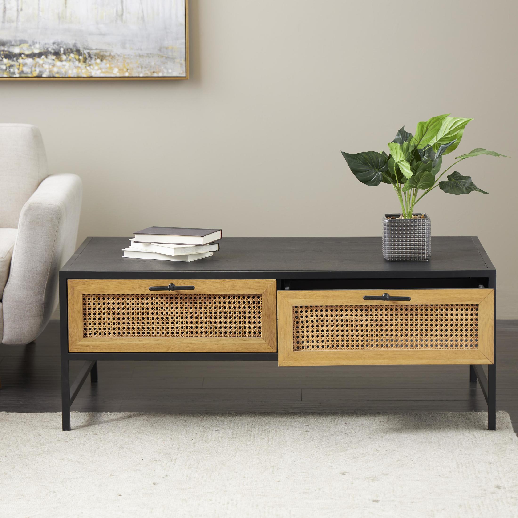 DecMode 47" x 18" Black Wooden Handmade 2 Drawer Coffee Table with Rattan Drawer Fronts, 1-Piece