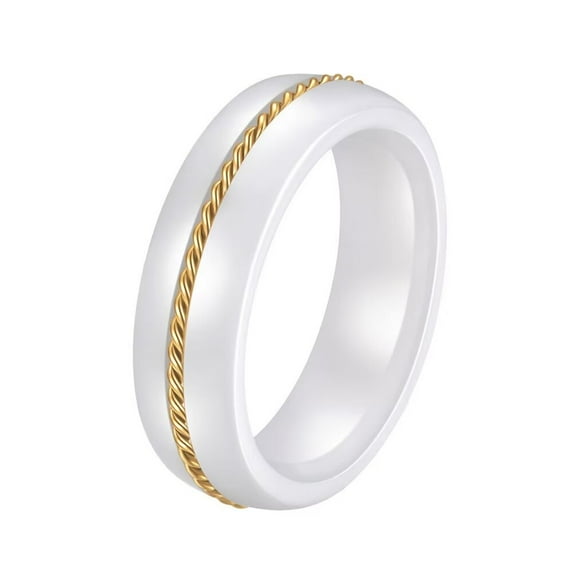 PAMTIER Unisex Ceramic Personality Simple Hip Hop Domed Style 6mm Stainless Steel Gold Twist Chain Inlay Ring Couple Wedding Band White Size 6